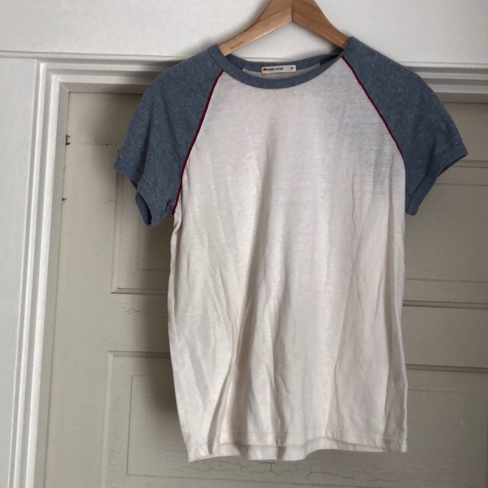 Marine Layer raglan beige and blue t-shirt with red trim